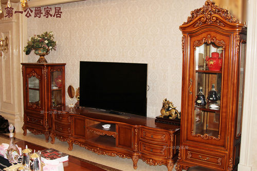 欧式美式古典实木豪宅别墅家具FF16地柜电视柜2.2米高单门酒柜1