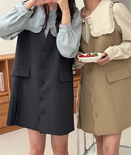 大翻领领褶皱西装连衣裙女