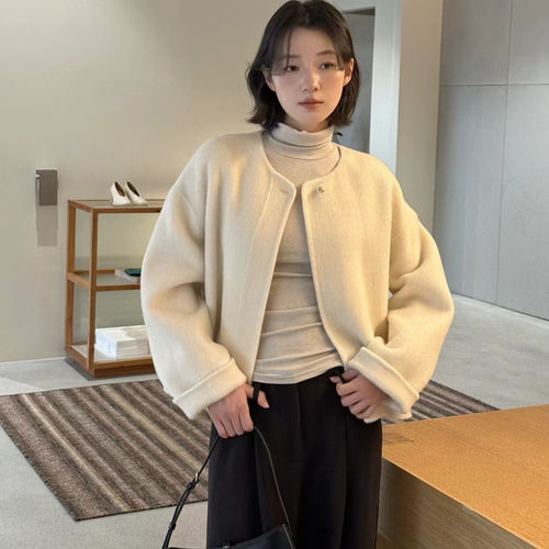 MOOTEA韩版冬季新款时尚气质圆领一粒扣双面羊毛外套女