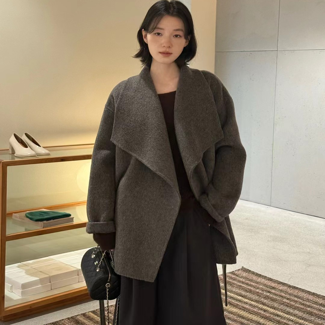 MOOTEA韩版冬季新款气质高级感大翻领收腰系带中长款双面羊毛大衣
