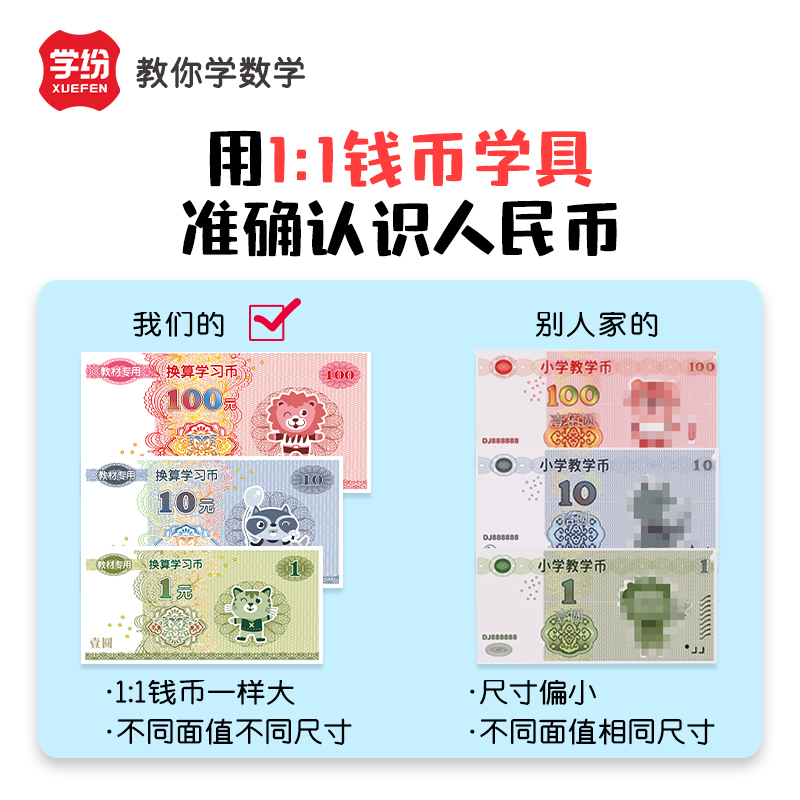 学习币全套一年级人民币纸币票样小学教具儿童元角分仿真换算教材