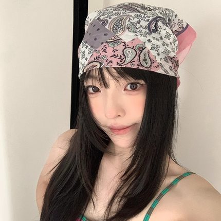 韩系拼色腰果花棉麻头巾女新款复古辣妹拍照氛围感多功能方巾丝巾