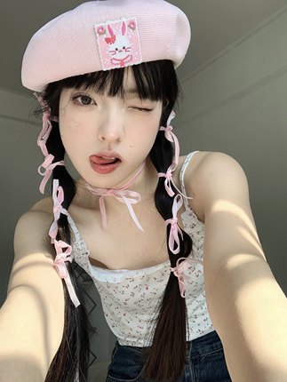 2023新款可爱兔子贝雷帽春夏季薄款透气百搭显脸小y2k画家帽学生