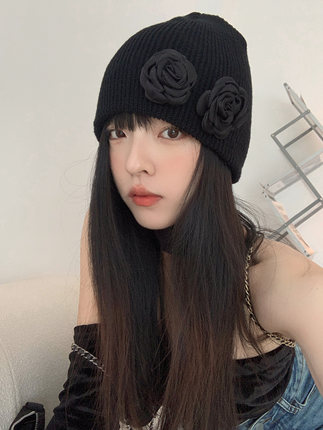 泫雅同款花朵针织毛线帽子女新款秋冬韩国小众时髦设计感包头帽潮