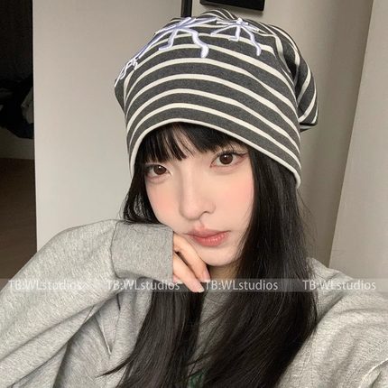 25SS韩国ins百搭条纹刺绣弹力堆堆帽女慵懒风显脸小复古包头冷帽