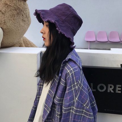 紫色毛边渔夫帽女潮ins日系夏季防晒遮阳帽子可折叠百搭纯色盆帽