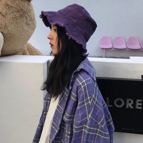 紫色毛边渔夫帽女ins百搭纯色