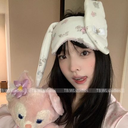 韩版甜美少女兔耳朵眼罩ins纯欲风卡通可爱睡觉遮光眼罩护额学生