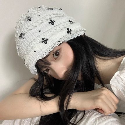 韩版花边蝴蝶结堆堆帽女夏季2025新款透气显脸小薄款套头包头冷帽