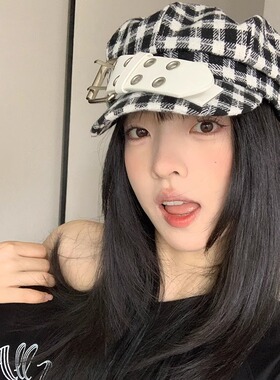 日系涩谷辣妹亚文化pu皮带扣装饰八角帽女黑白格纹贝雷帽画家帽子