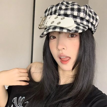 日系涩谷辣妹亚文化pu皮带扣装饰八角帽女黑白格纹贝雷帽画家帽子
