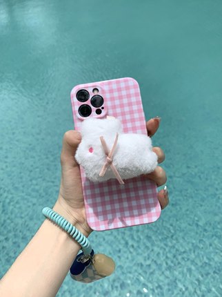 日韩可爱卡通毛绒兔子手机壳支架粘贴式气囊支撑背贴女通用小众