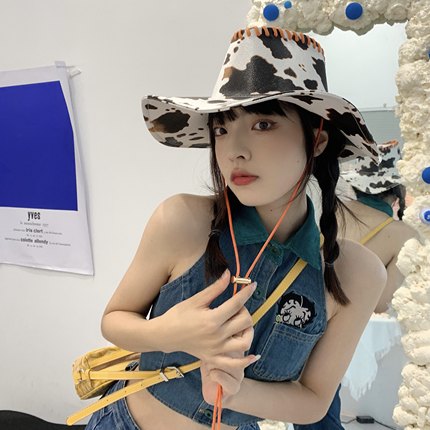 少女度假棕奶牛纹可爱复古PU皮小众西部牛仔帽时尚设计款爵士帽潮