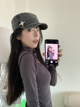 复古水洗做旧星星鸭舌帽百搭大头围平顶帽报童帽子男女日系显脸小