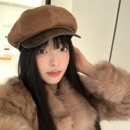 韩版高品质灯芯绒拼皮质帽檐报童帽女秋冬英伦复古八角帽画家帽子