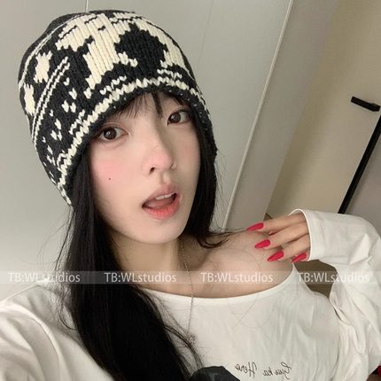 蝴蝶结提花费尔岛针织毛线帽韩系慵懒百搭甜美冬季显脸小护耳冷帽