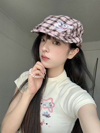 日系甜心辣妹y2k格子前进帽可爱粉色小狗报童帽显脸小贝雷帽女潮