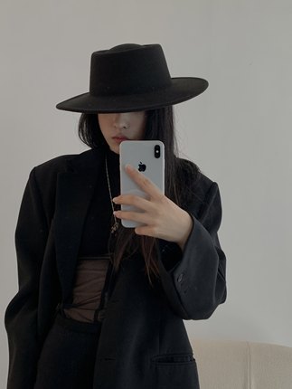 无性别潮流百搭英伦大檐礼帽复古法式平顶毛呢休闲爵士帽女秋冬潮