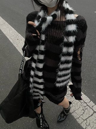 设计感毛绒绒条纹围巾女秋冬仿貂毛长毛保暖凹造型装饰慵懒感围脖