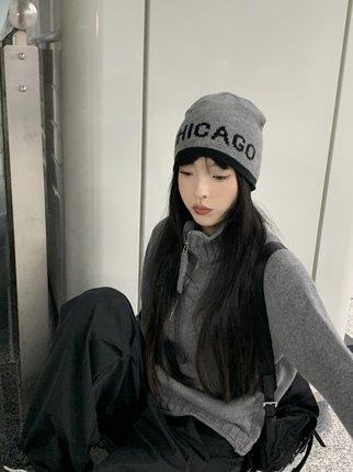 2023新款韩国秋冬针织字母毛线帽女加厚保暖套头冷帽情侣护耳帽潮