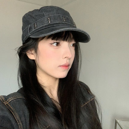 复古辣妹牛仔平顶贝雷帽女秋冬大头围显脸小鸭舌帽海军风帽子春夏