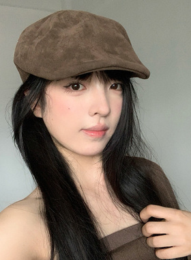 韩版复古麂皮绒前进帽子女秋冬百搭ins博主款简约时尚鸭嘴贝雷帽