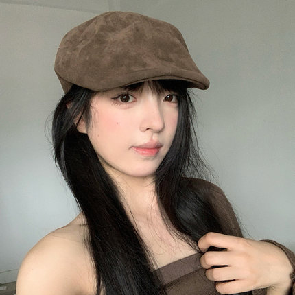 韩版复古麂皮绒前进帽子女秋冬百搭ins博主款简约时尚鸭嘴贝雷帽