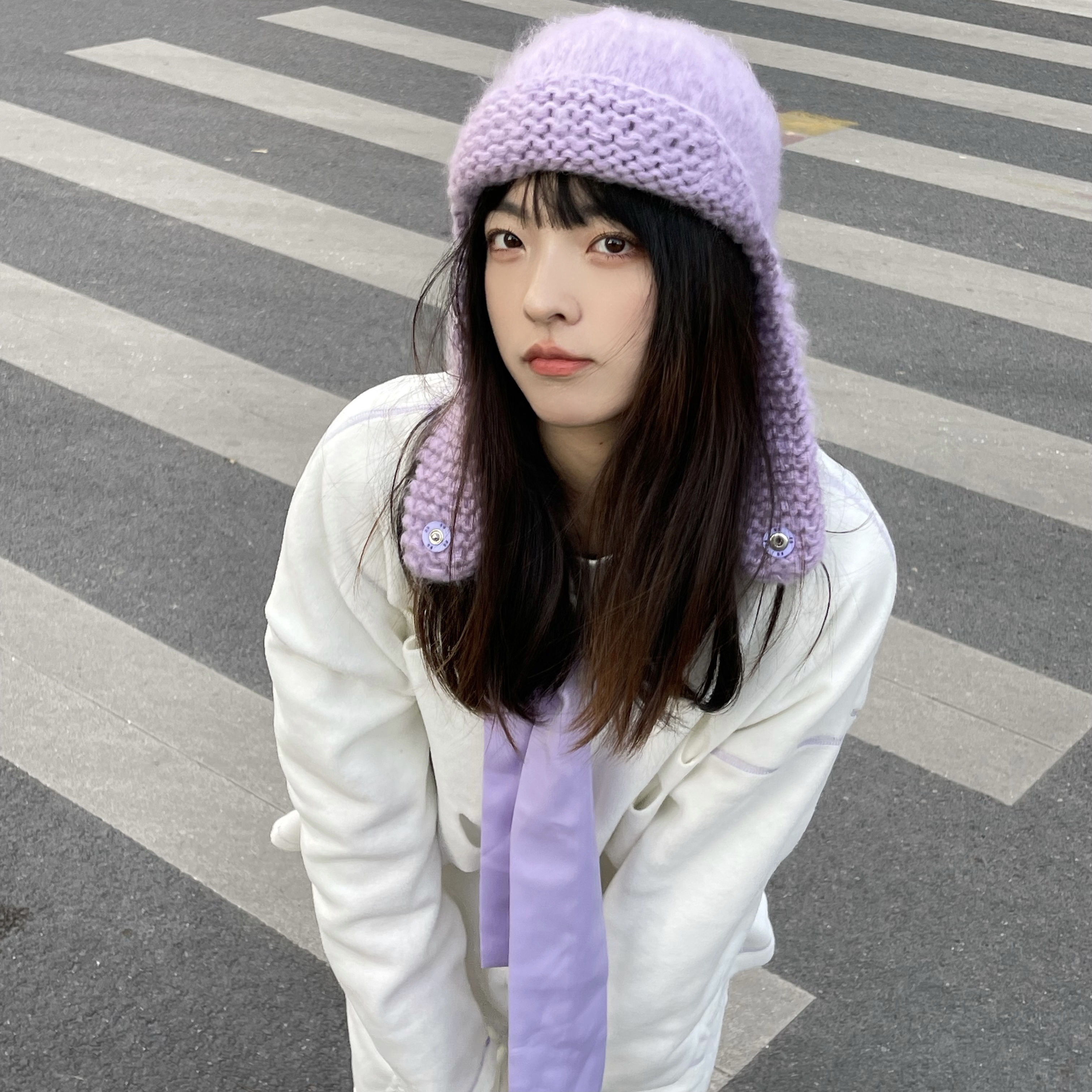 手工钩针毛线帽女香芋紫护耳围巾一体复古针织包头帽子冬飞行帽潮