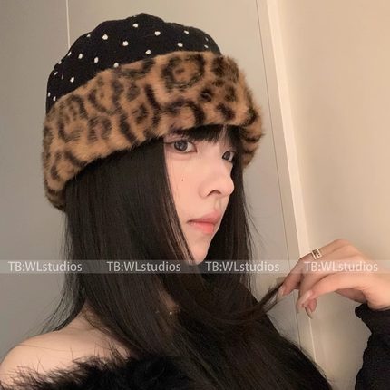 豹子女士~韩系双面戴毛呢豹纹波点保暖渔夫帽女百搭小众辣妹盆帽