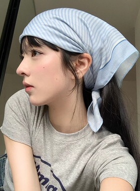 韩系小清新蓝色条纹头巾女夏季2025新款百搭高级感包头丝巾发带潮
