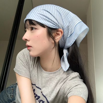 韩系小清新蓝色条纹头巾女夏季2025新款百搭高级感包头丝巾发带潮