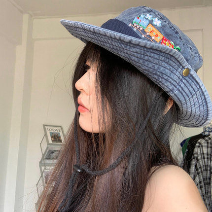 酷女孩~小众牛仔水洗做旧渔夫帽春夏百搭休闲盆帽出游登山帽子女