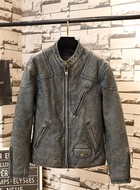 主打性价比高端头层牛皮牛仔皮衣美式复古机车立领水洗石磨做旧