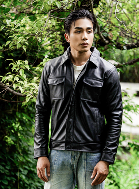 捡漏  阿美咔叽 秋季头层牛皮 复古石磨做旧真皮皮衣外套夹克翻领