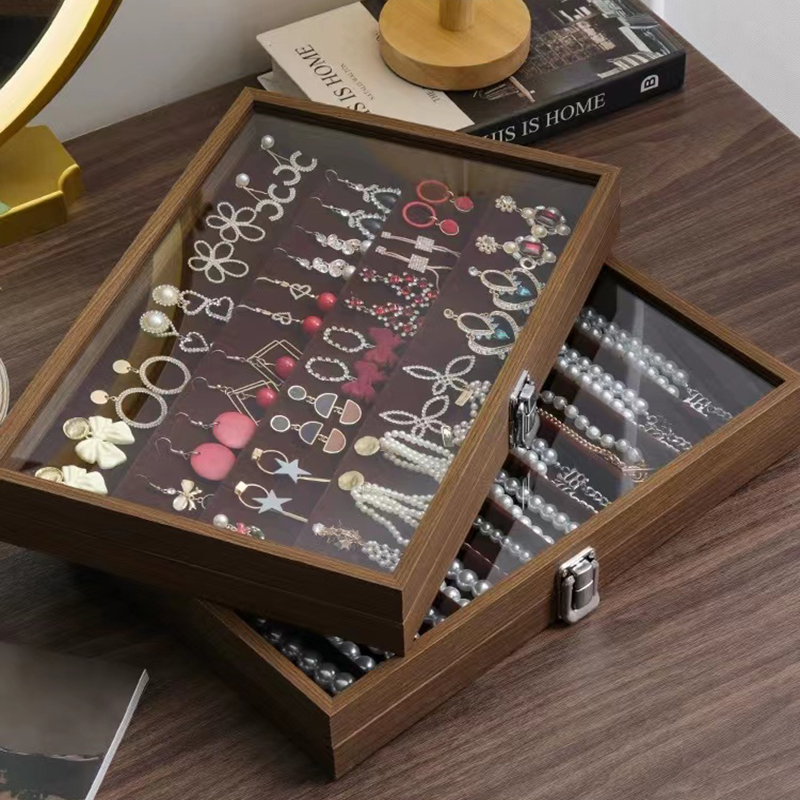 胡桃木色耳环耳钉首饰盒项链