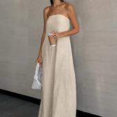 Holiday Dress欧美连衣裙女夏亚麻抹胸长裙卡其色女棉麻裙子度假