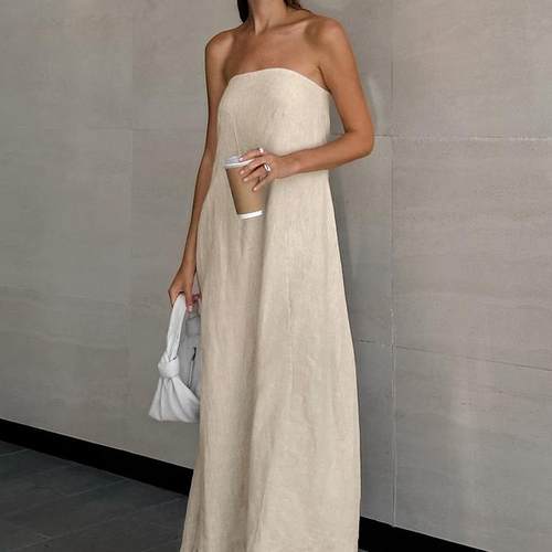 连衣裙女夏亚麻抹胸长裙