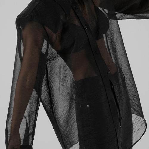 衬衫女透视网纱长袖黑色衬衣