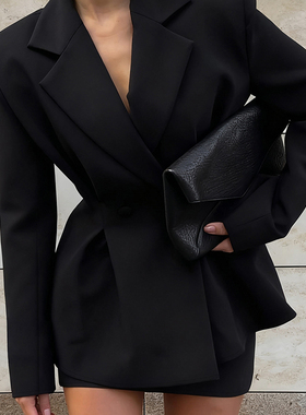 Women Suits欧美女士套装长袖收腰西装上衣黑色短裙通勤
