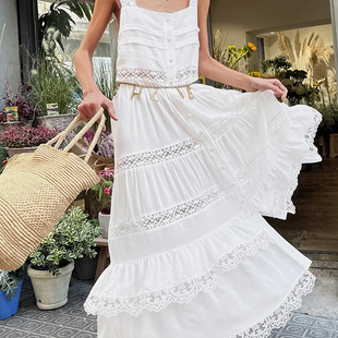 Women Dress欧美女士连衣裙背心蕾丝花边拼接宽松长裙秋冬时尚