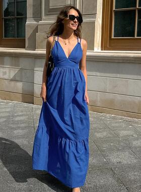 Women Dress欧美女士连衣裙蓝色吊带连身裙露背性感长裙棉麻休闲