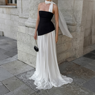 Women 收腰 Dress千金风优雅丝绒网纱拼接连衣裙黑色抹胸长裙修身