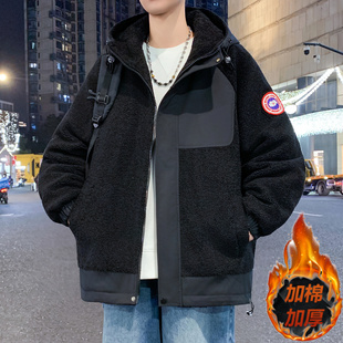 冬季羊羔绒外套男孩初中高中学生加绒加厚夹克青少年大童冬装棉服