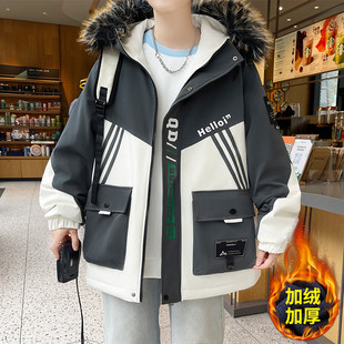 工装外套男孩秋冬款青少年加绒加厚夹克棉服初中高中学生大童冬装