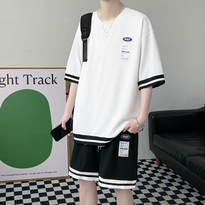 高中初中学生冰丝潮牌短袖t恤运动套装男青少年夏装帅气大童男装_男装