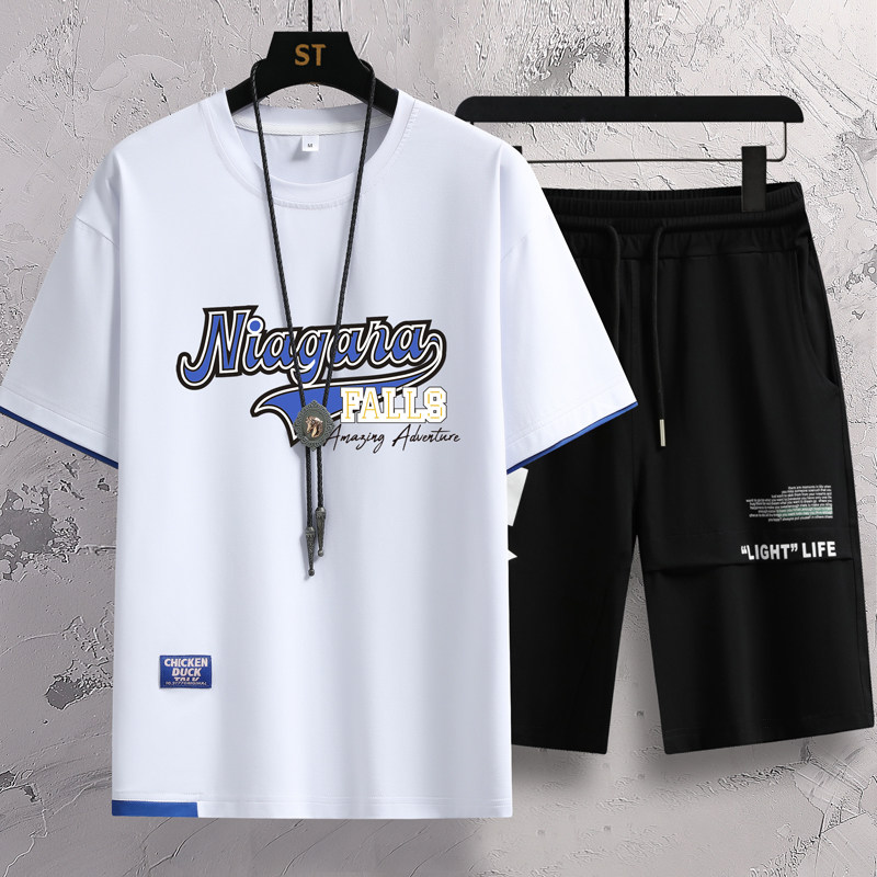 青少年纯棉短袖t恤高中生短裤运动套装男孩初中学生帅气大童夏装