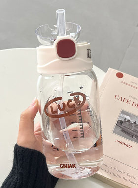 品牌折扣水杯女网红带吸管式玻璃杯新款便携带刻度可爱少女心 ins