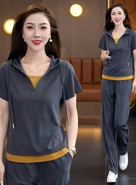 品牌折扣2026夏季假两件拼接连帽跑步服时尚短袖长裤套装女运动休