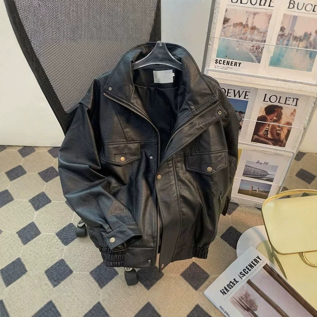 美拉德复古皮衣男士春秋季高级感立领pu皮夹克宽松潮牌机车服外套