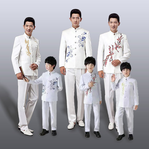 绣花立领中山装儿童大合唱礼服成人舞台演出服中老年民乐演奏套装